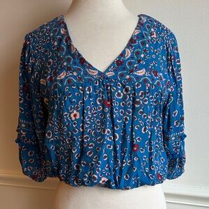Poupette st Barth Viscose v neck blouse top Pom Pom trim blue pink XS EUC